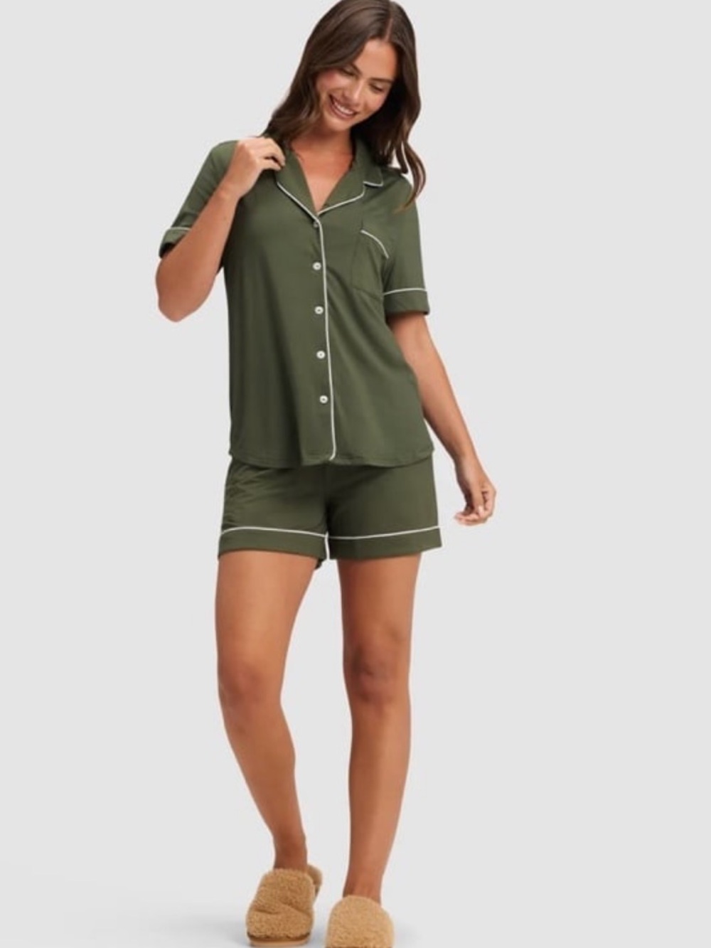 Short-Sleeve Olive Green Pajama Set with White Piping - Women's